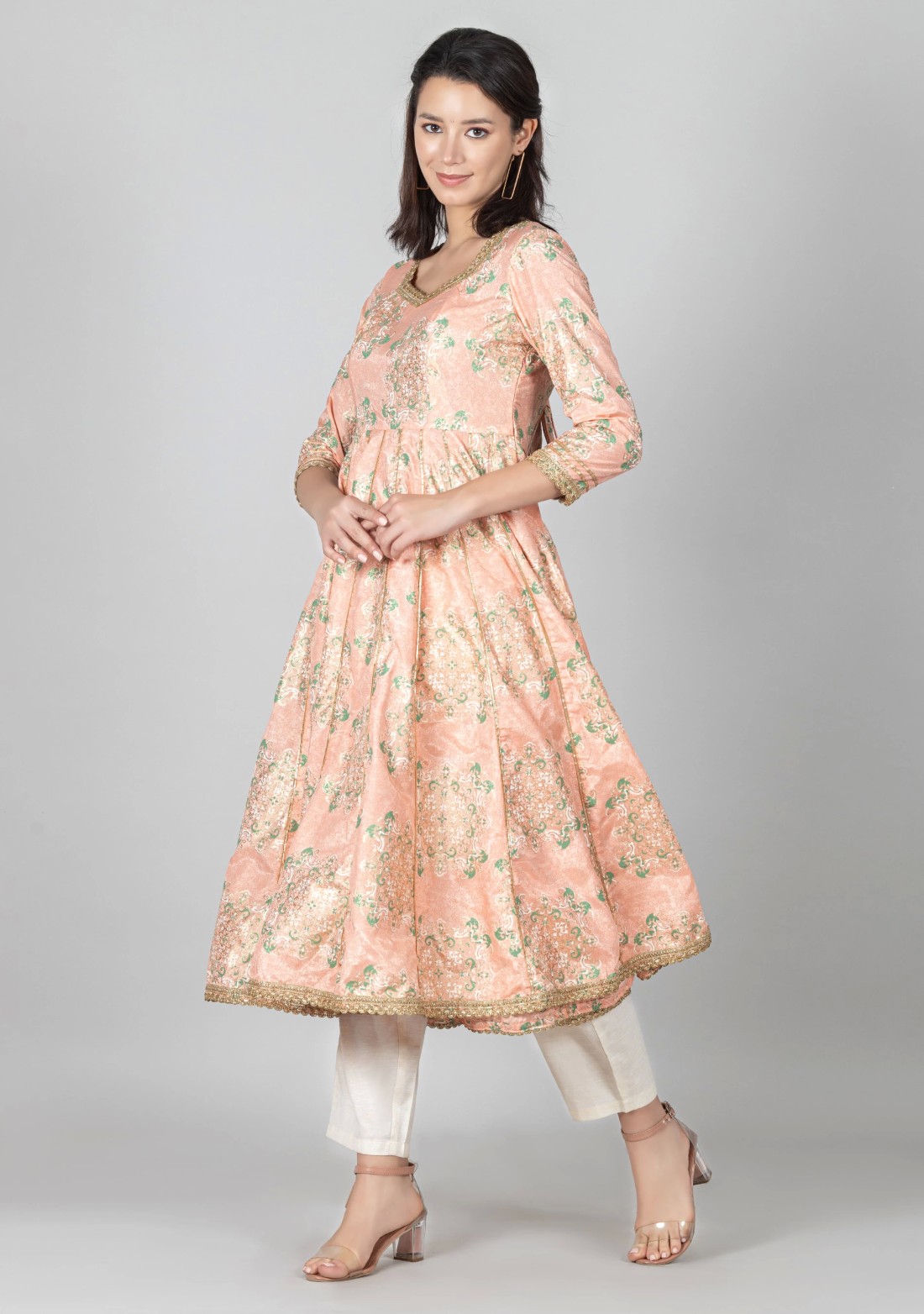 Peach Foil Print Chanderi Anarkali Kurta