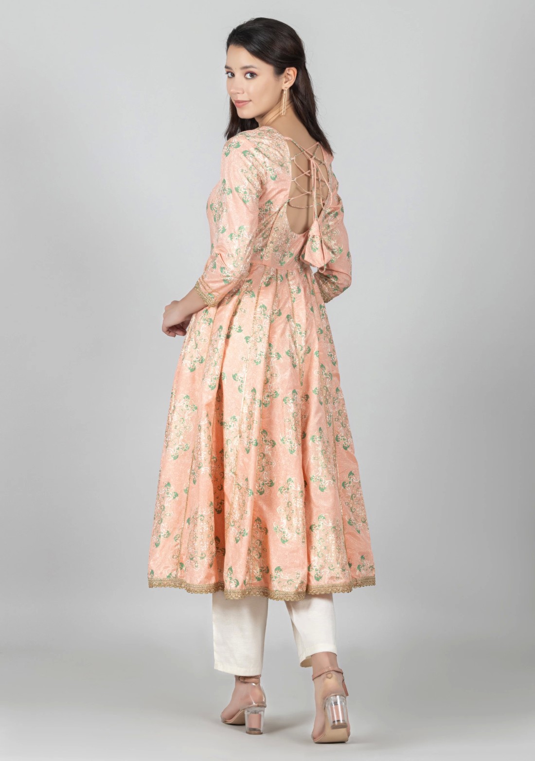 Peach Foil Print Chanderi Anarkali Kurta