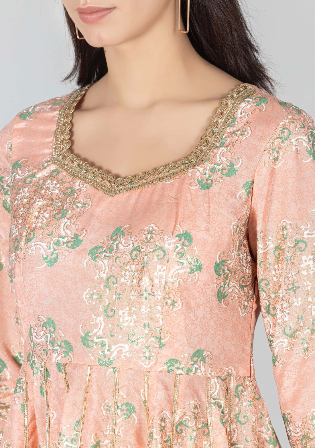 Peach Foil Print Chanderi Anarkali Kurta