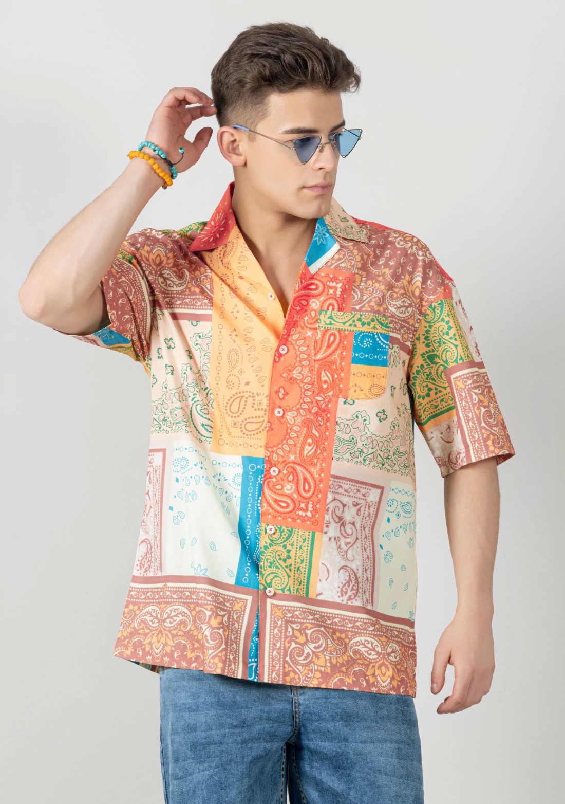 Multi Colour Drop Shoulder Men's Bandana Print Shirt