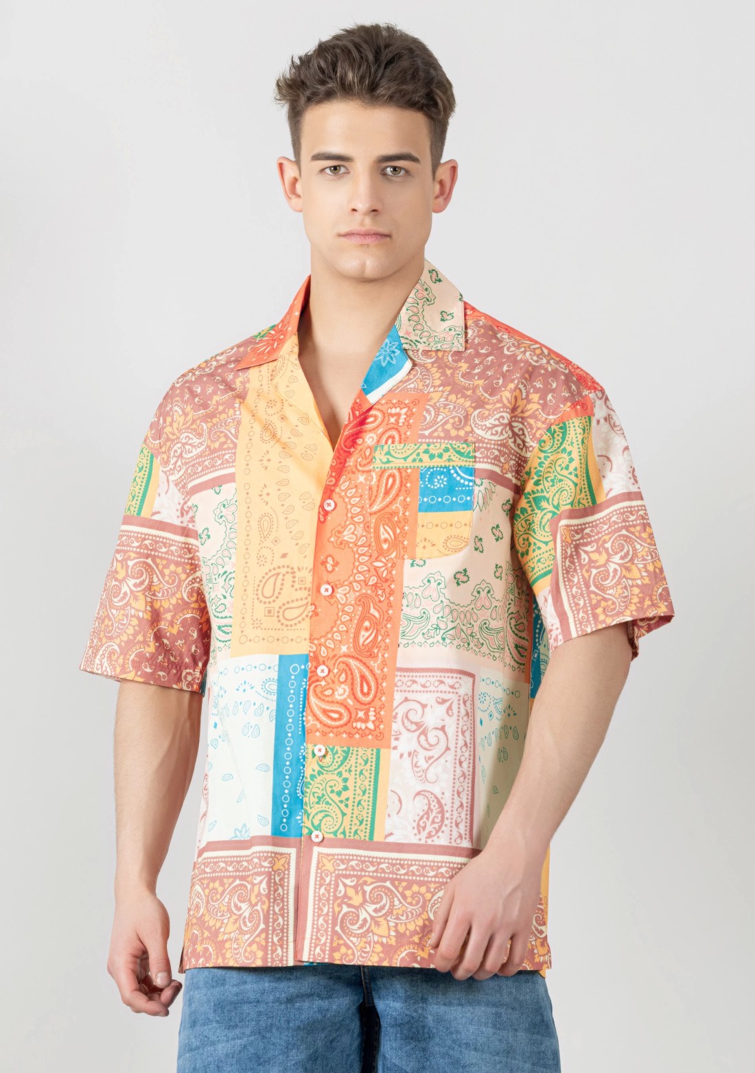 Multi Colour Drop Shoulder Men's Bandana Print Shirt