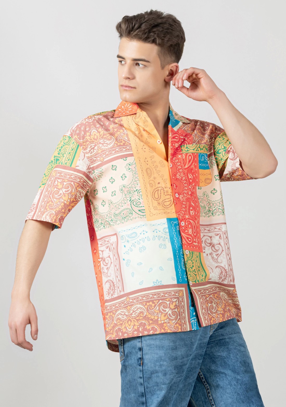 Multi Colour Drop Shoulder Men's Bandana Print Shirt