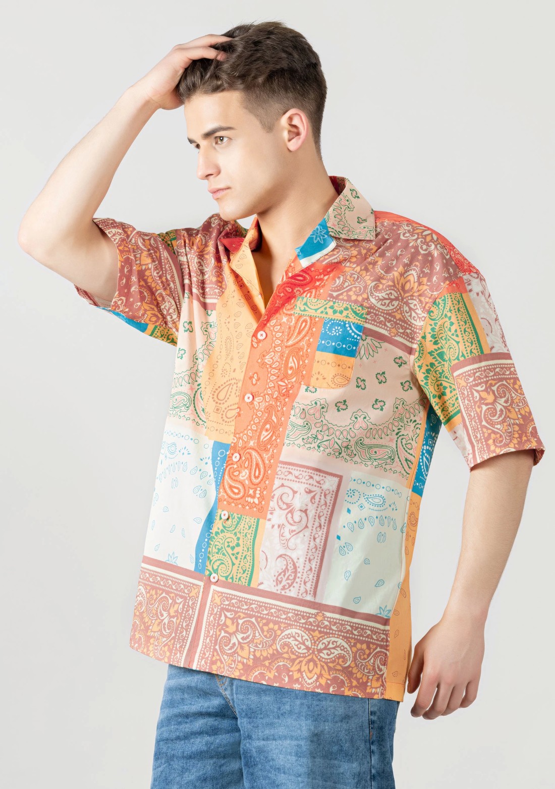 Multi Colour Drop Shoulder Men's Bandana Print Shirt