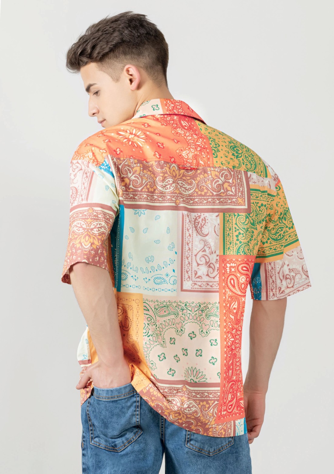 Multi Colour Drop Shoulder Men's Bandana Print Shirt