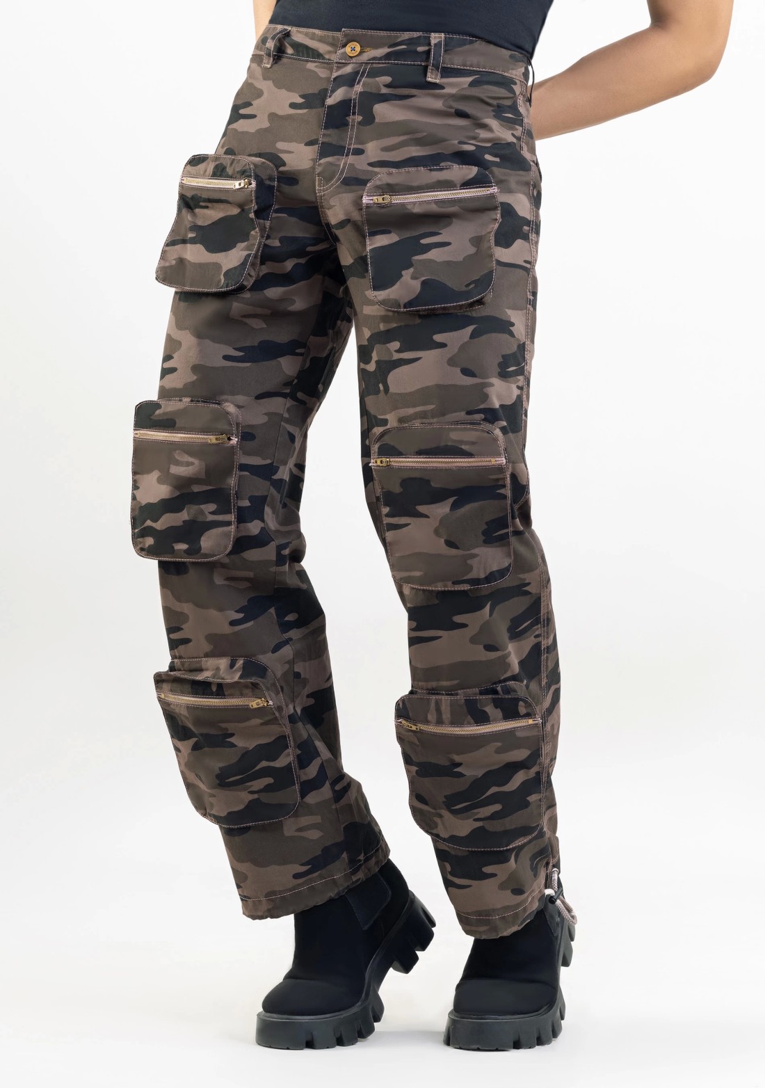 Brownish Green Camouflage Wide Leg Men's Cargo Trousers