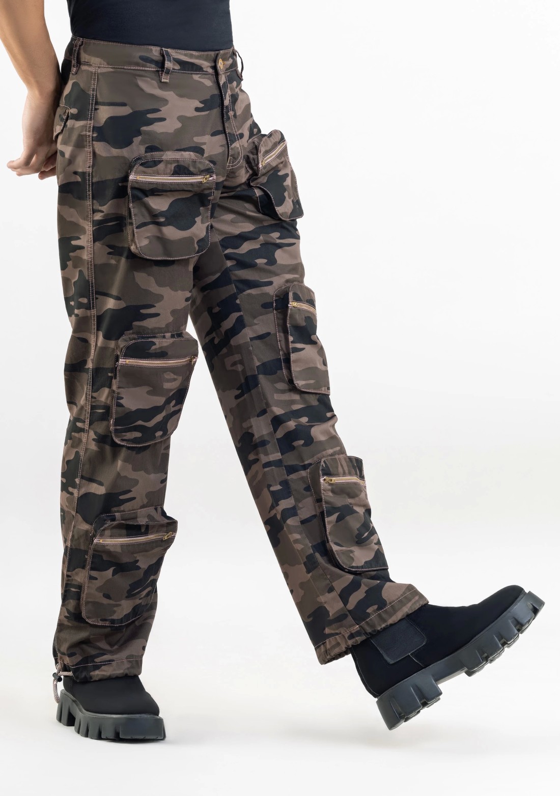 Brownish Green Camouflage Wide Leg Men's Cargo Trousers