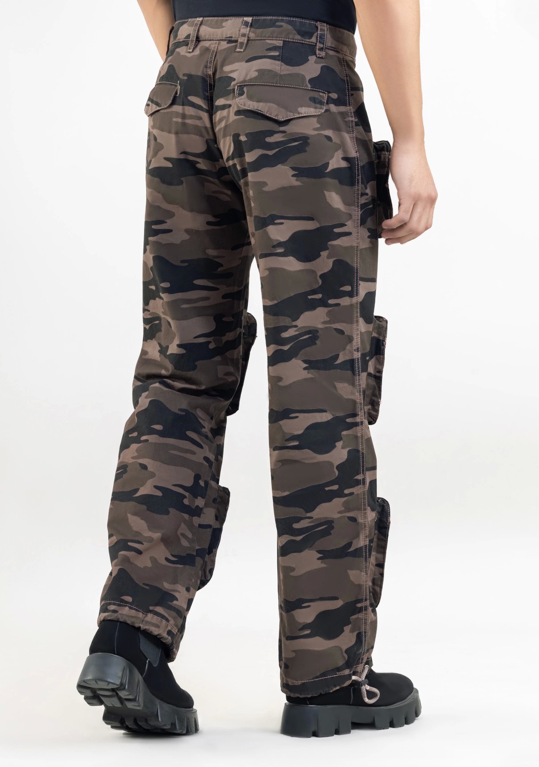 Brownish Green Camouflage Wide Leg Men's Cargo Trousers