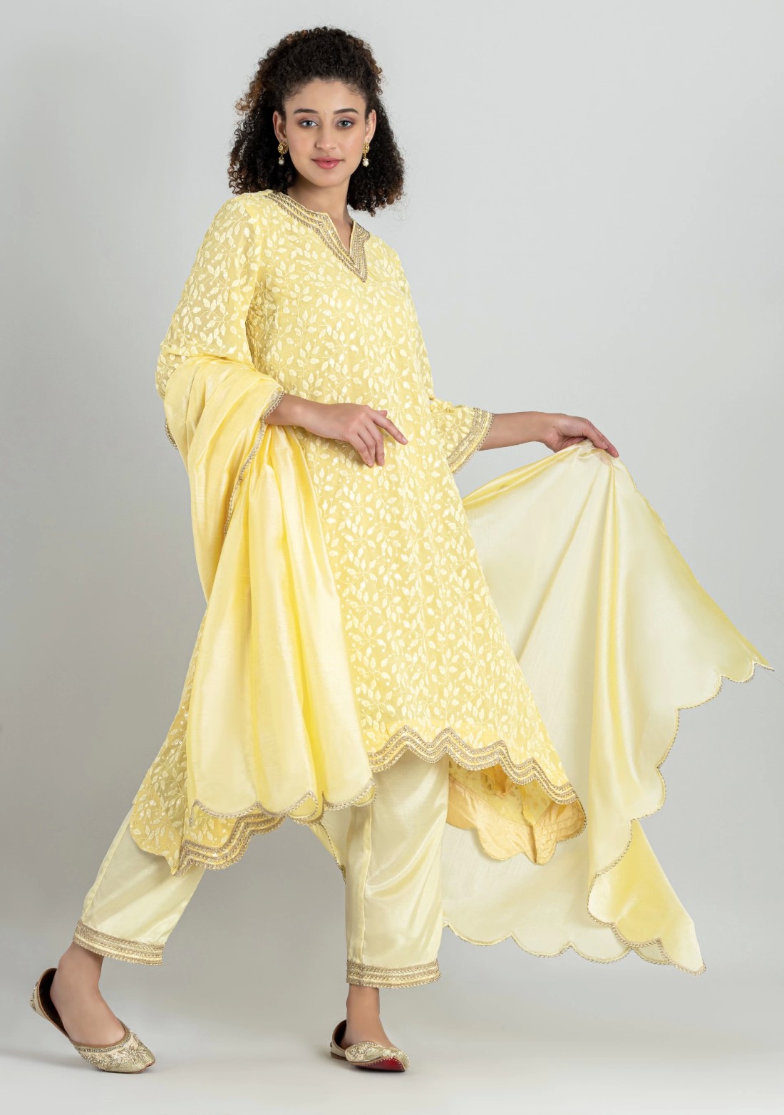 Yellow Georgette Embroidered Flared Kurta Pant Set