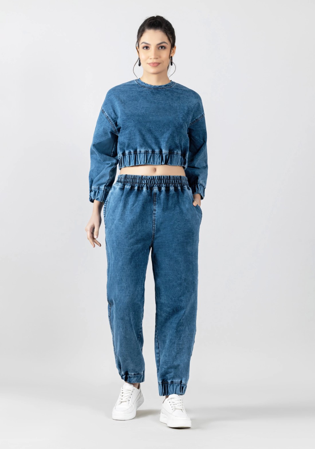 Blue Knitted Denim Crop Sweat and Joggers Co-ord Set