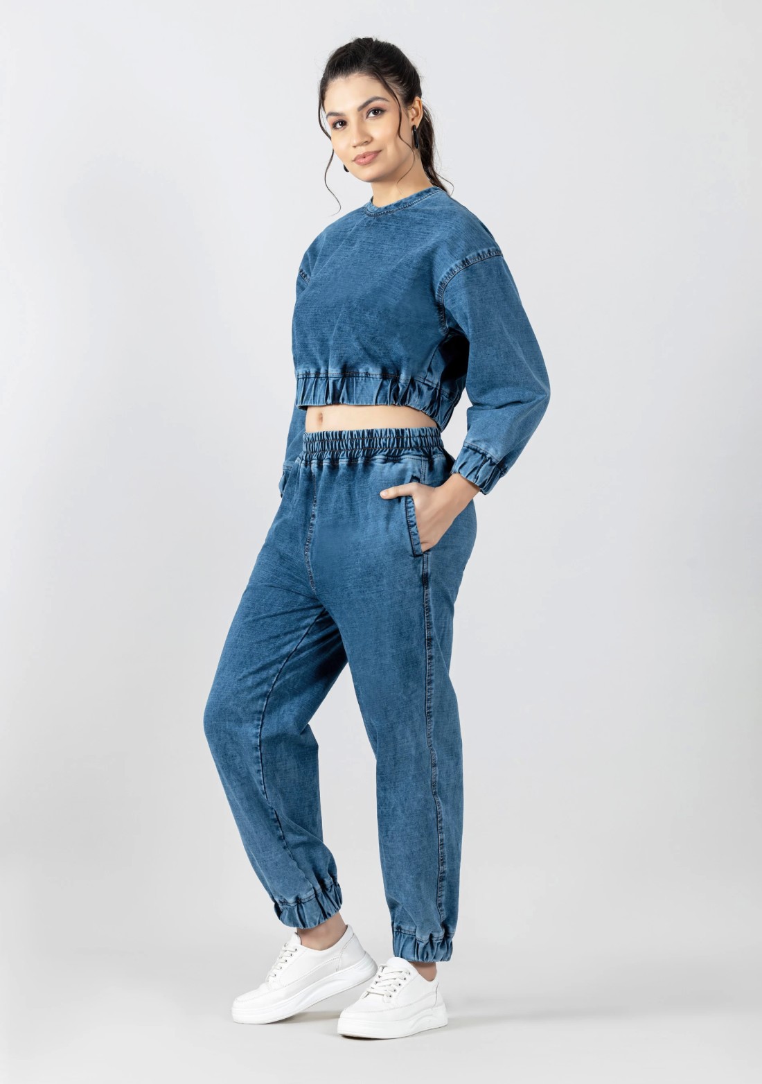 Blue Knitted Denim Crop Sweat and Joggers Co-ord Set