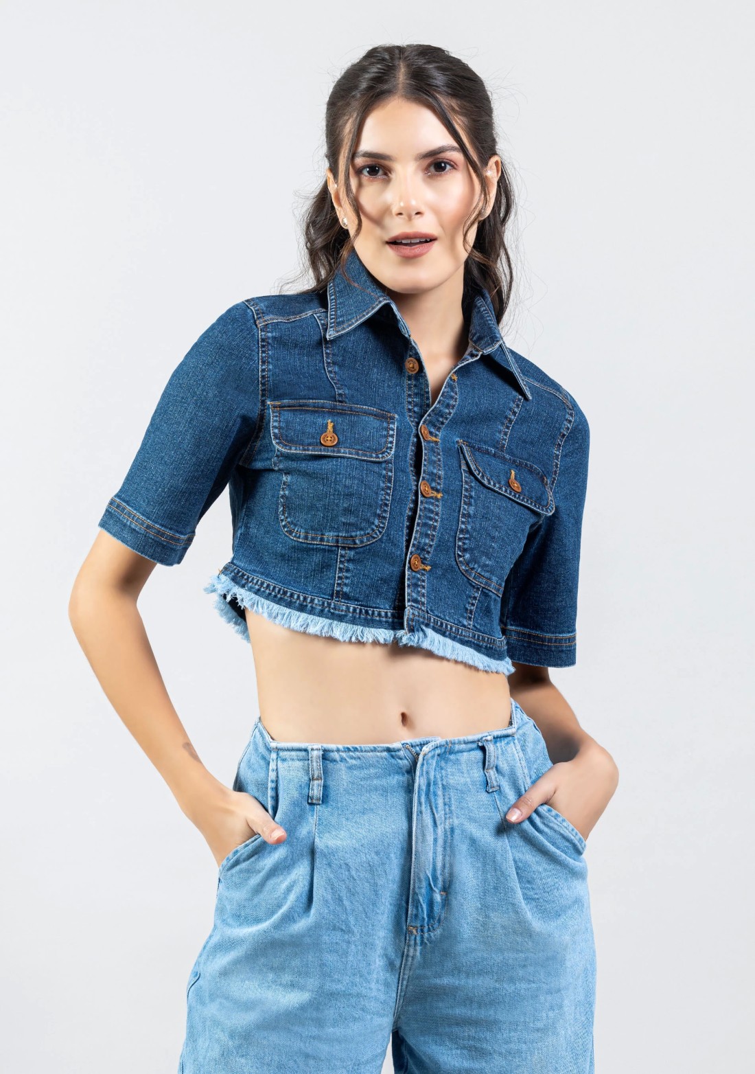 Blue Regular Fit Women s Denim Crop Shirt