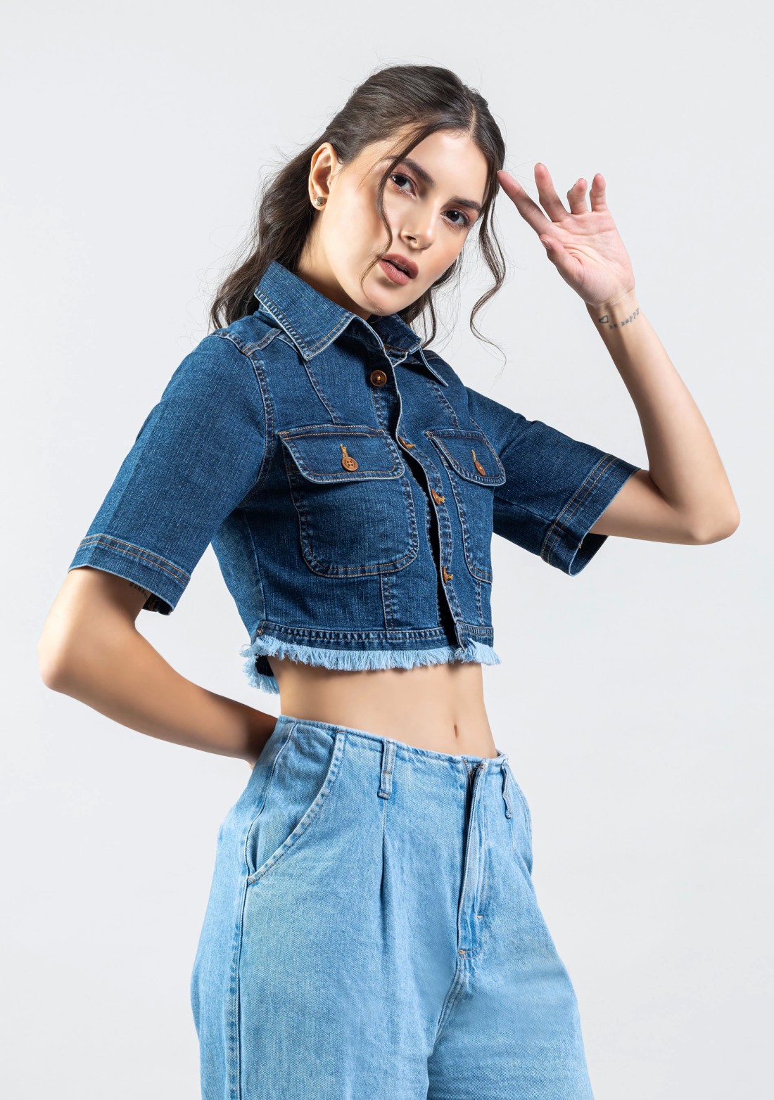 Blue Regular Fit Women's Denim Crop Shirt