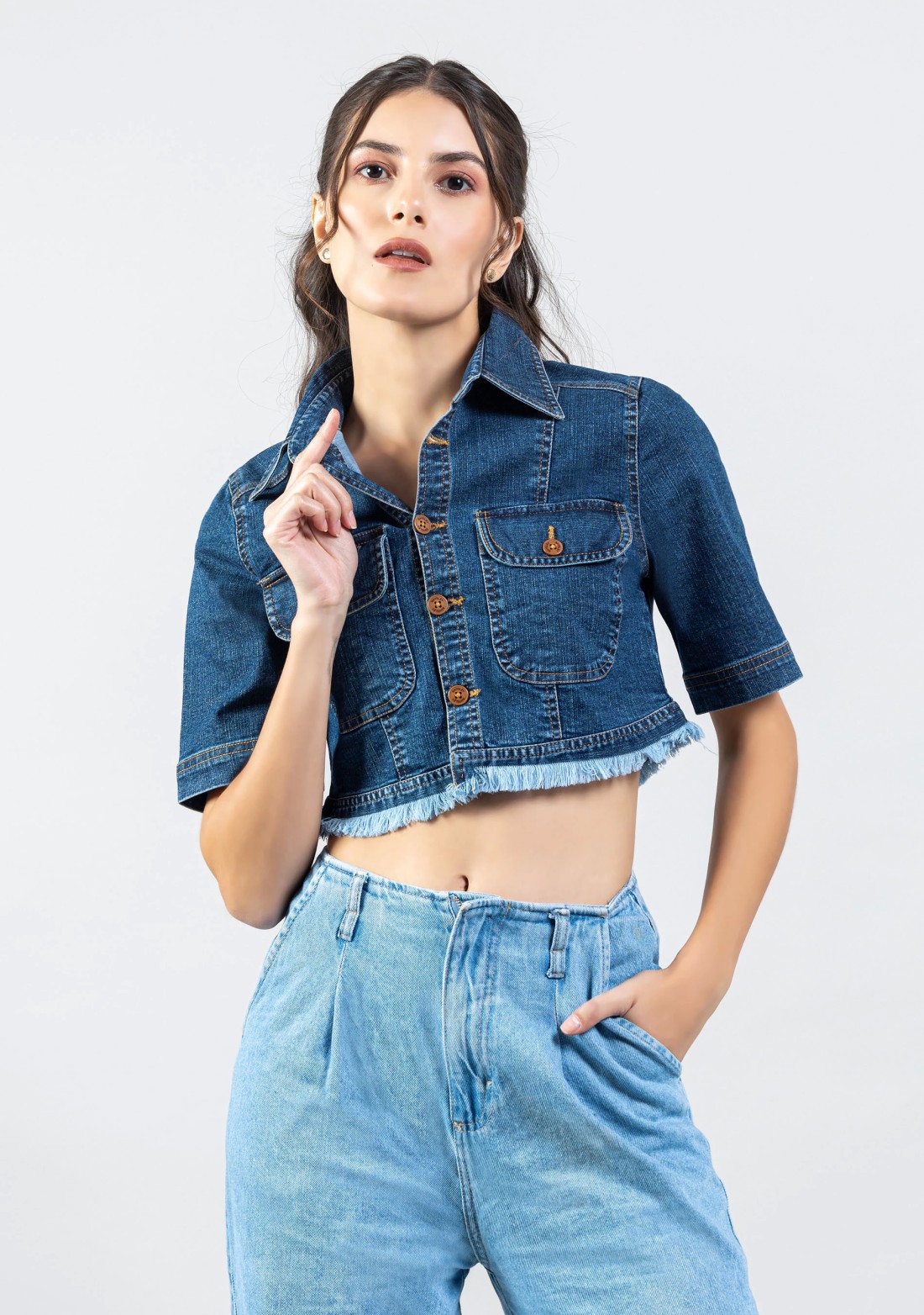 Blue Regular Fit Women's Denim Crop Shirt