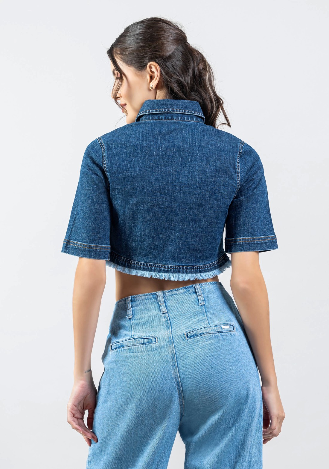 Blue Regular Fit Women's Denim Crop Shirt