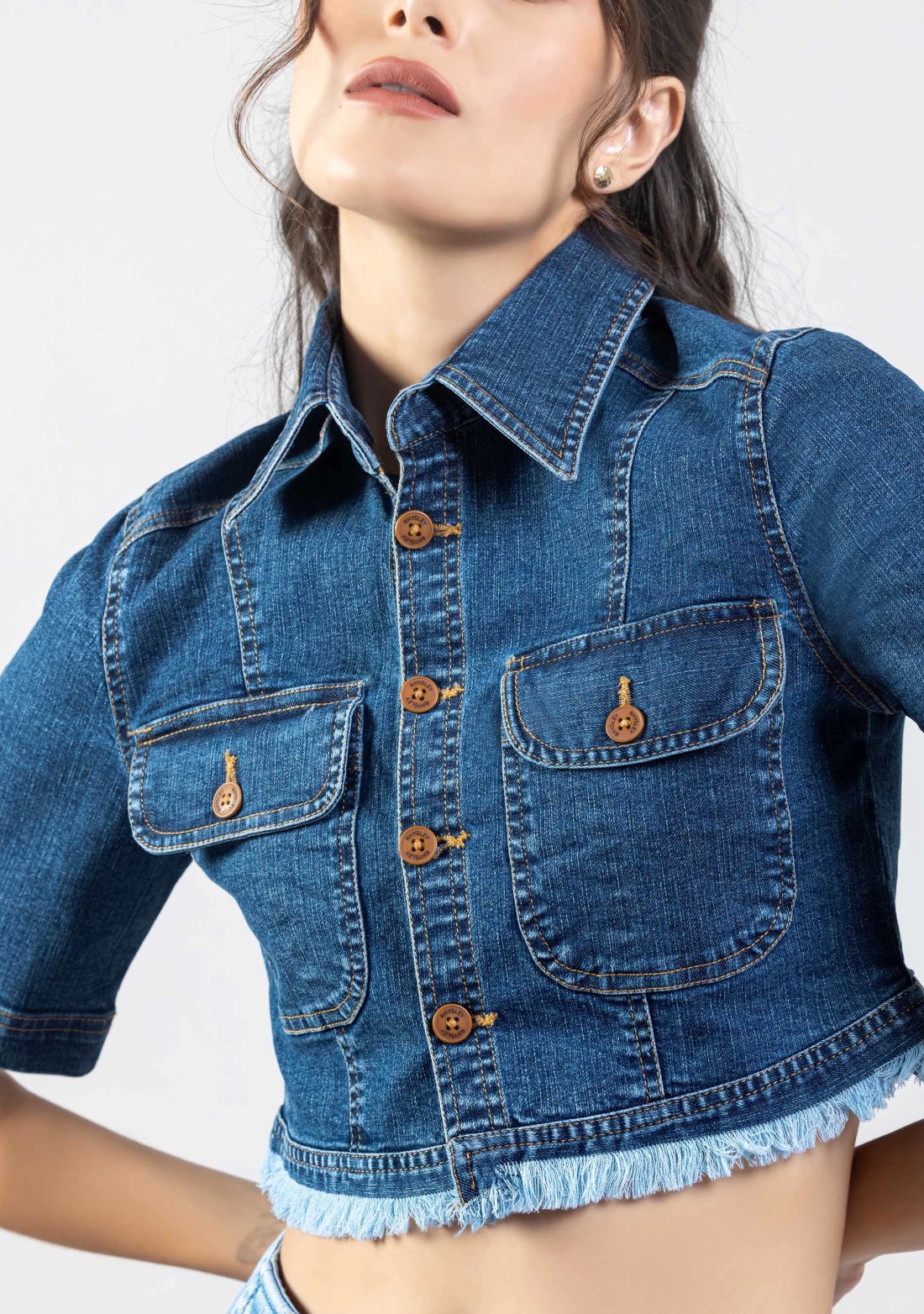 Blue Regular Fit Women's Denim Crop Shirt