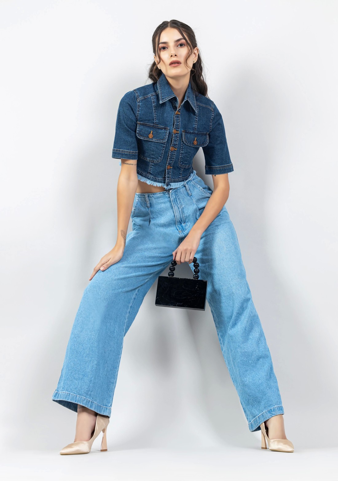 Blue Regular Fit Women's Denim Crop Shirt