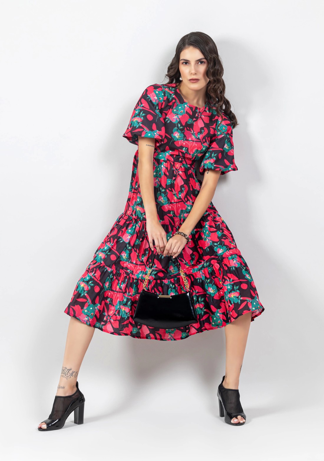 Multi Colour Abstract Print Muslin Flared Midi Dress - Buy Online in United  States @ Mehar