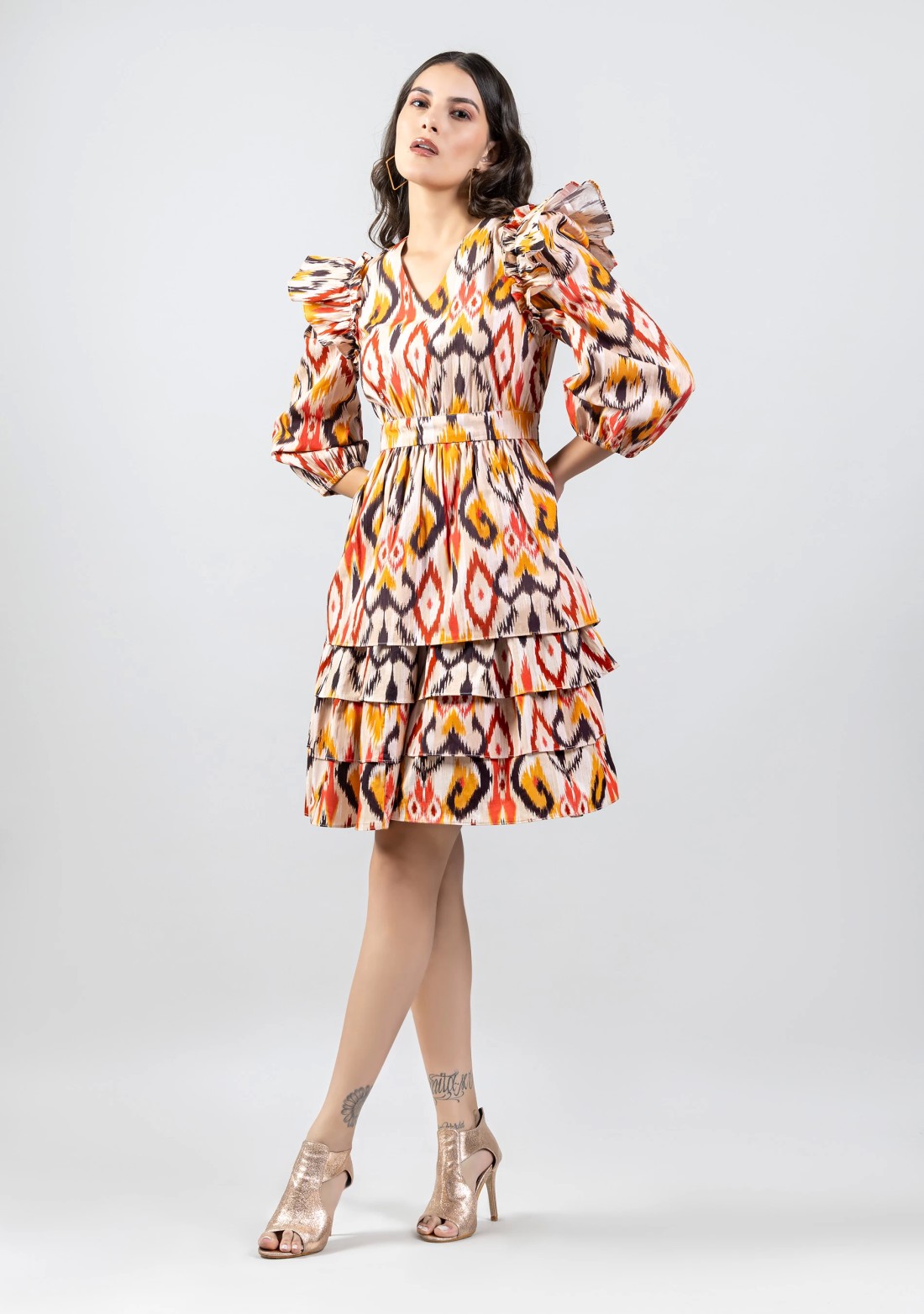 Multi Colour Ikat Print Poplin Midi Dress