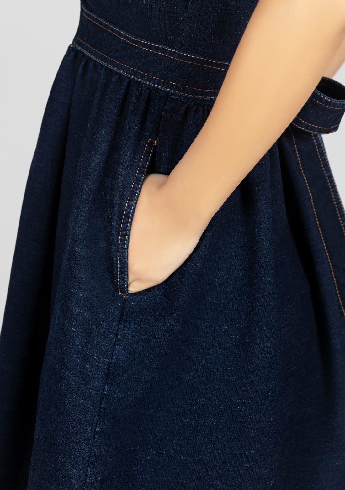 Blue Stitch Detail Flared Denim Midi Dress