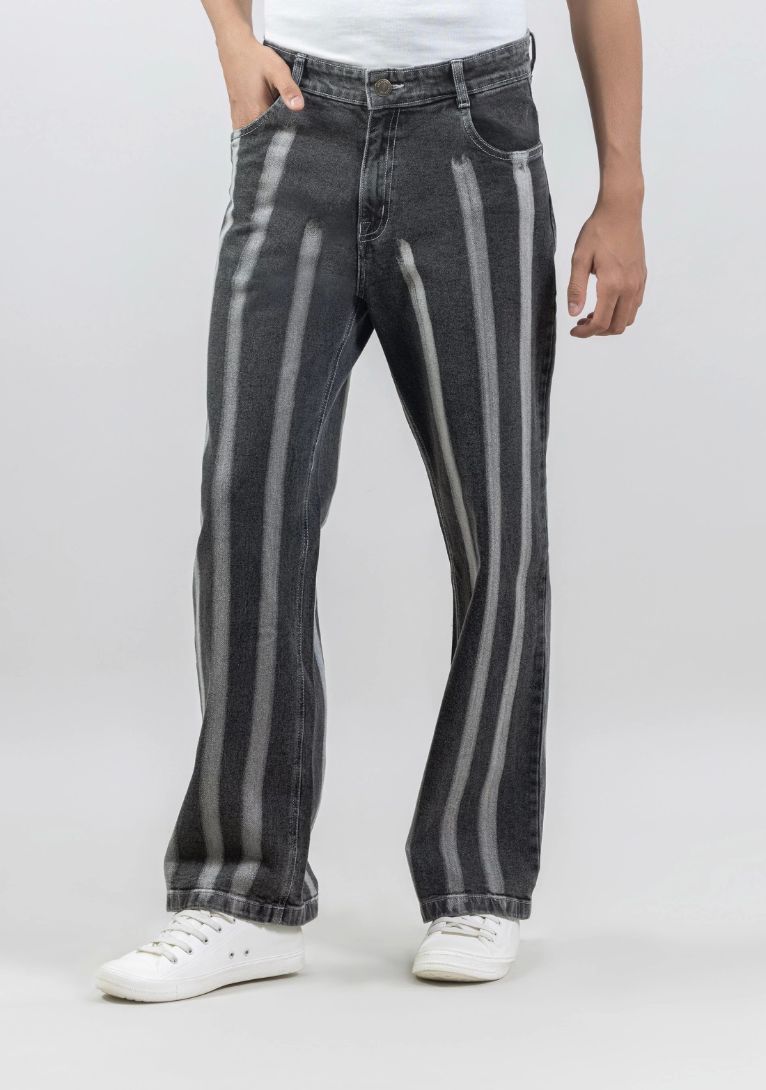 Black Straight Relaxed Fit Men's Laser Stripe Print Jeans