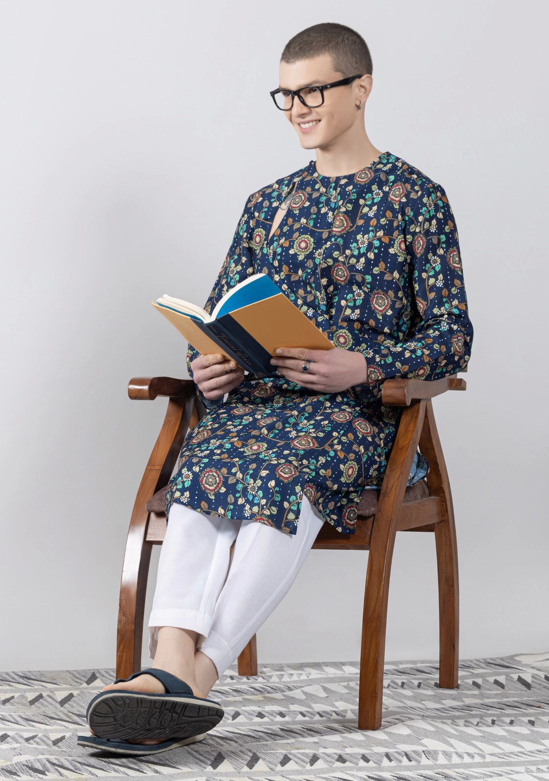 Blue Angrakha Kurta with Kantha Kalamkari Print