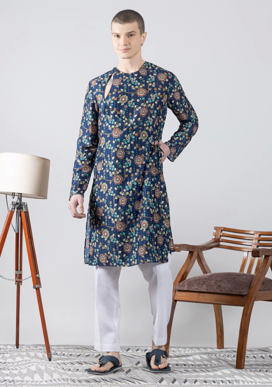 Blue Angrakha Kurta with Kantha Kalamkari Print