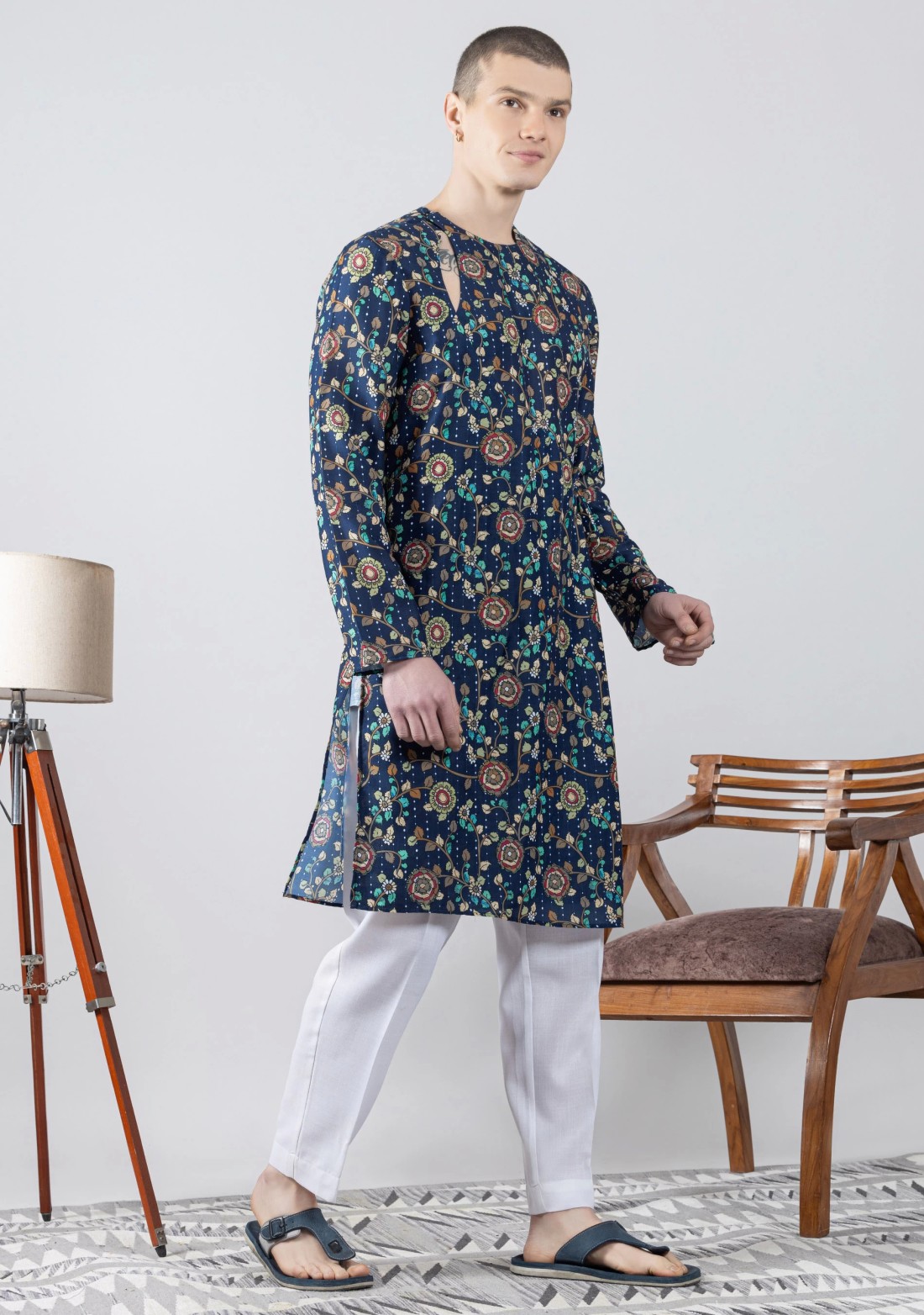 Blue Angrakha Kurta with Kantha Kalamkari Print