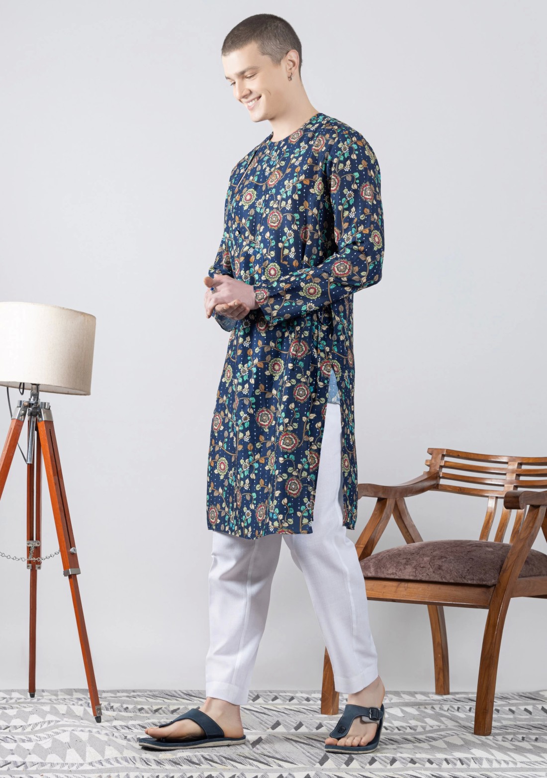 Blue Angrakha Kurta with Kantha Kalamkari Print