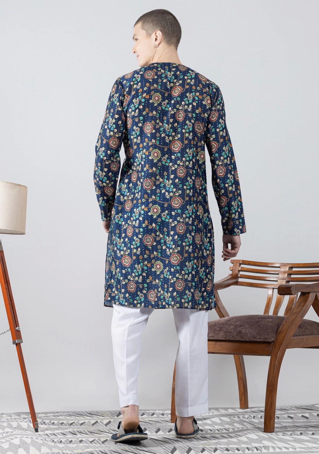 Blue Angrakha Kurta with Kantha Kalamkari Print