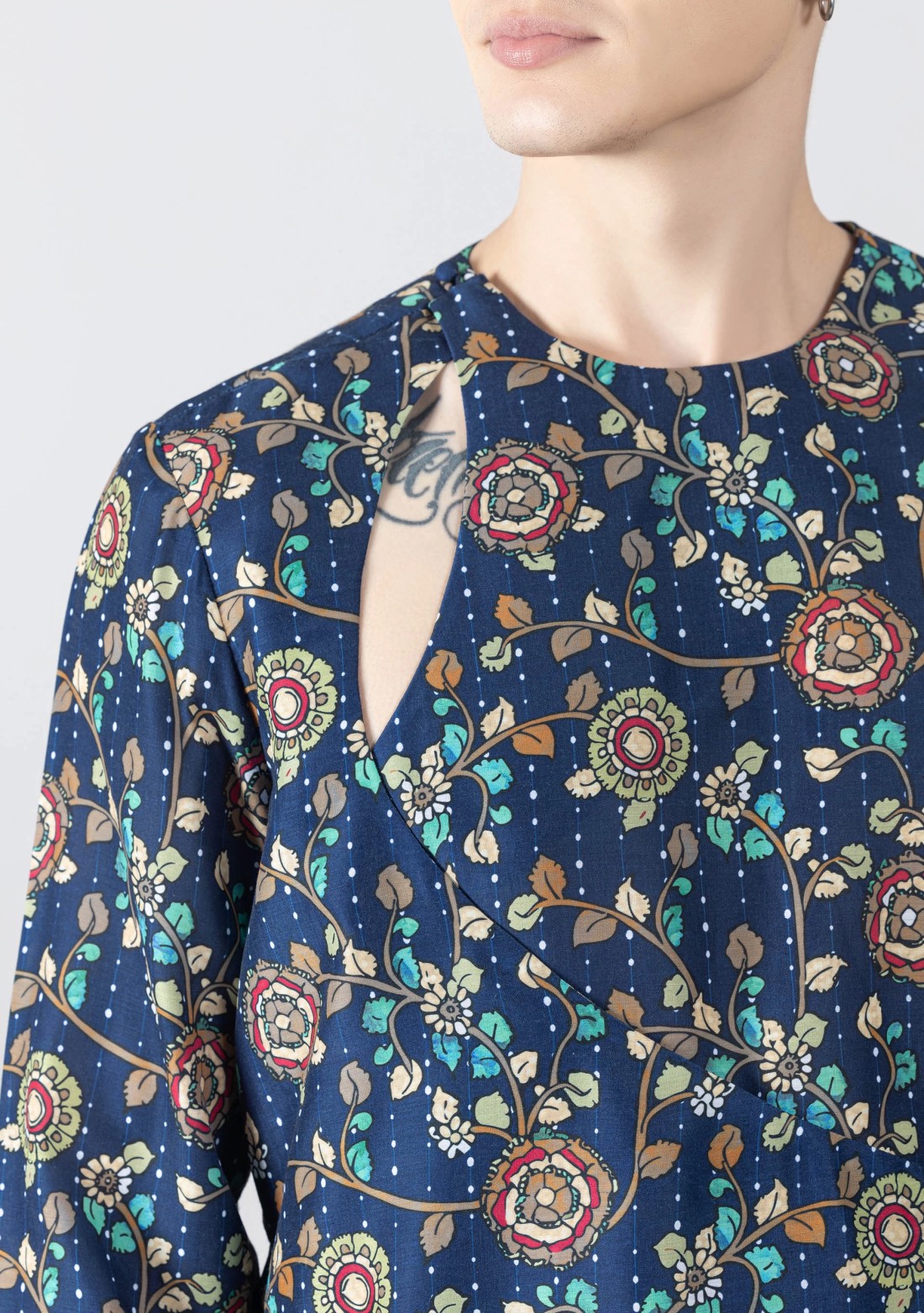 Blue Angrakha Kurta with Kantha Kalamkari Print