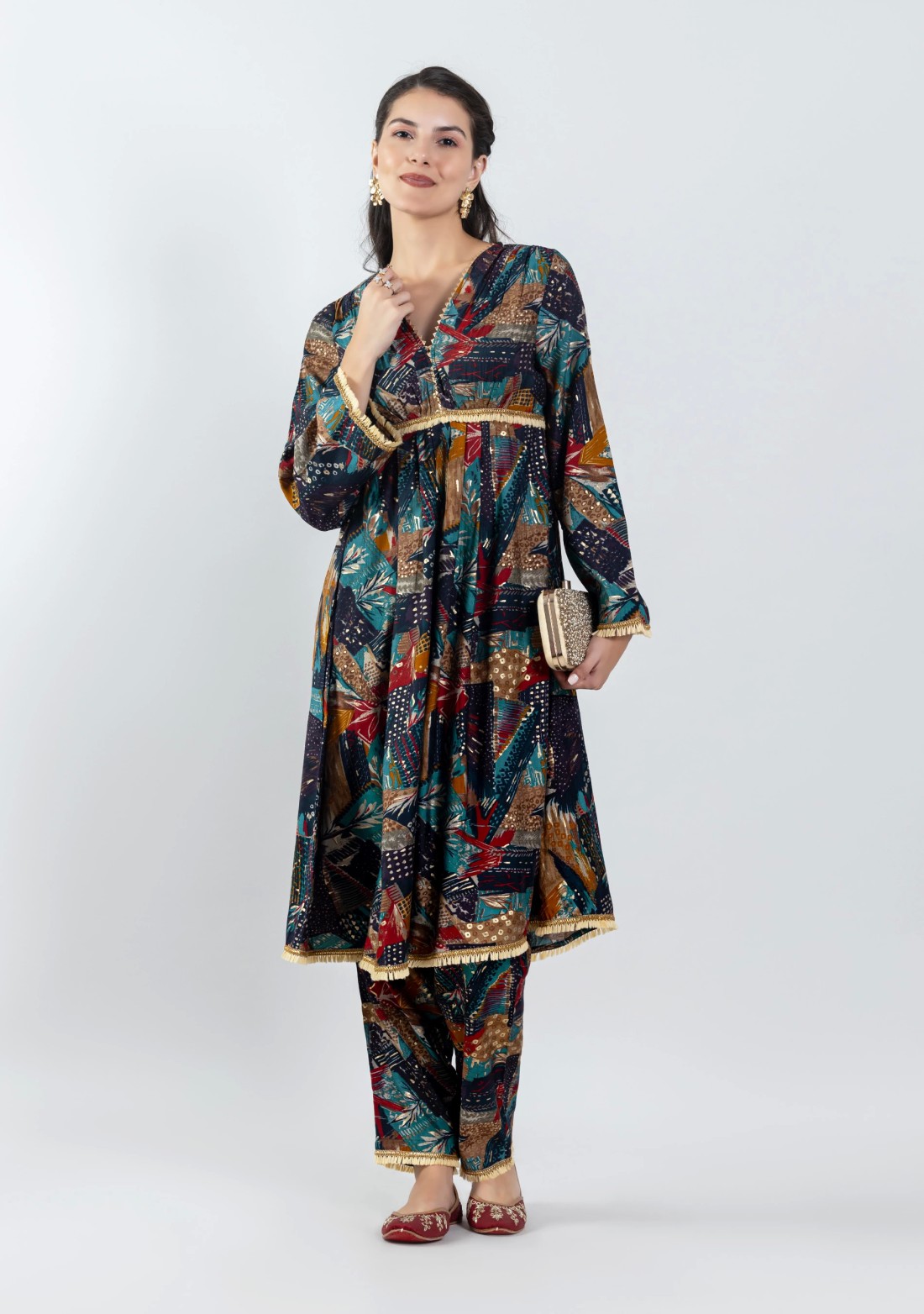 Multi Colour Foil Print Chanderi Kurta Pants Set