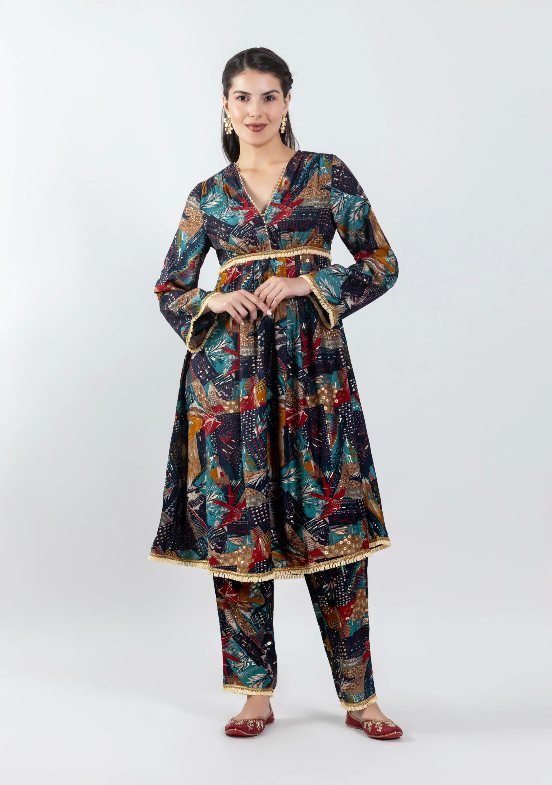 Multi Colour Foil Print Chanderi Kurta Pants Set