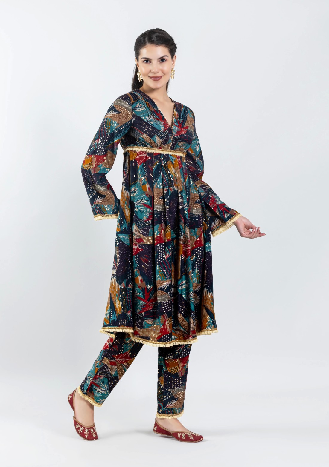 Multi Colour Foil Print Chanderi Kurta Pants Set