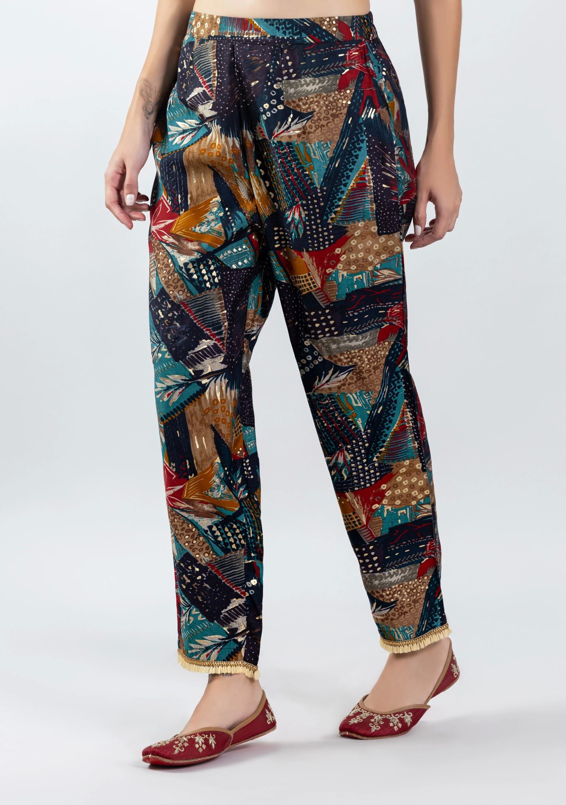 Multi Colour Foil Print Chanderi Kurta Pants Set