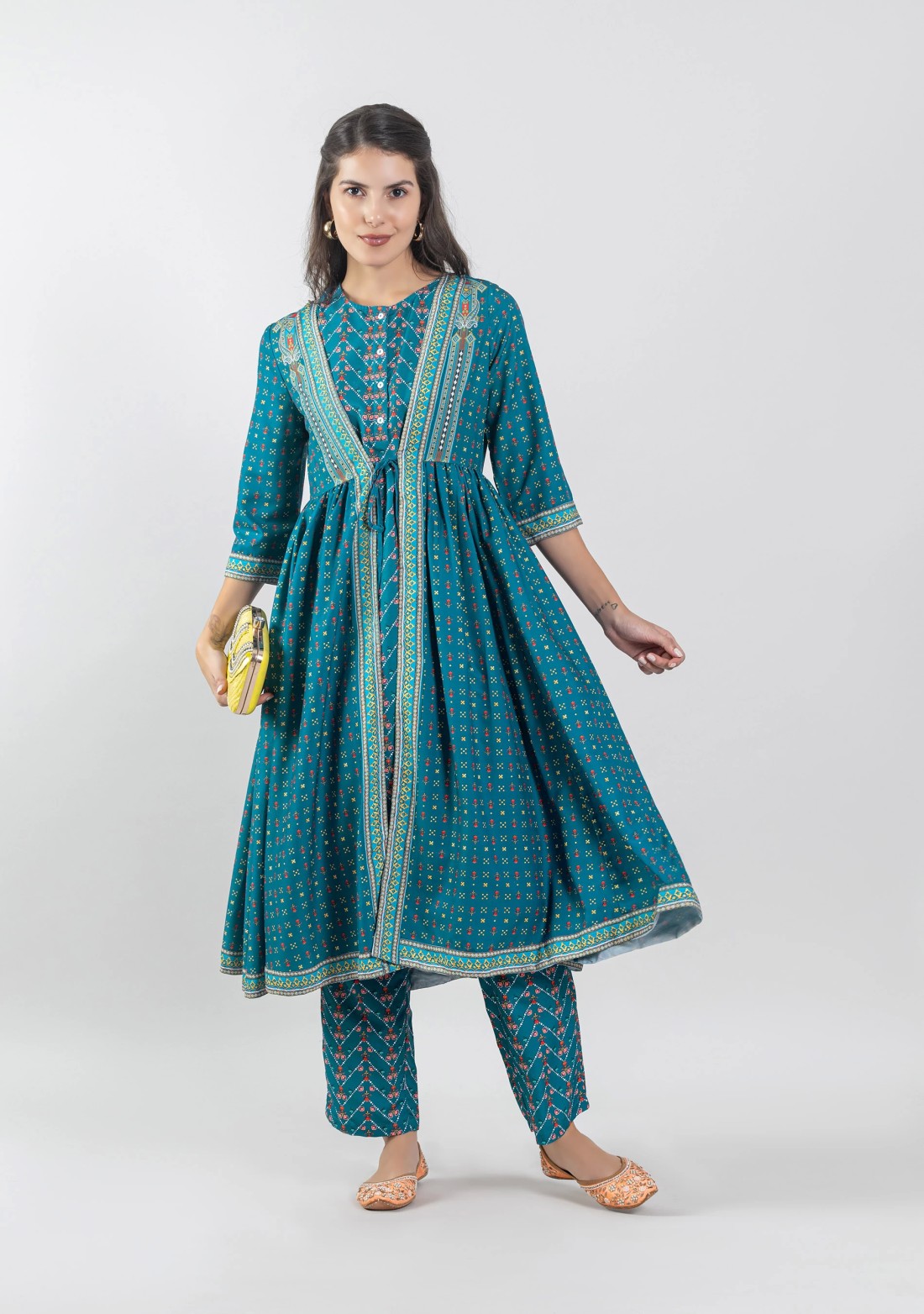 Turquoise Blue Ethnic Print Silk Straight Kurta with Pants and Flared Jacket Set