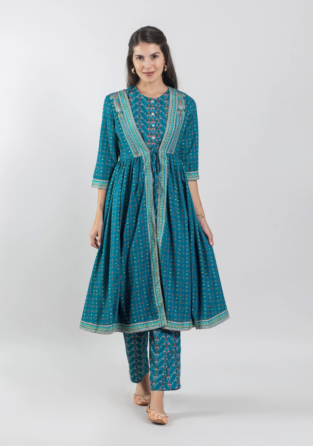 Turquoise Blue Ethnic Print Silk Straight Kurta with Pants and Flared Jacket Set