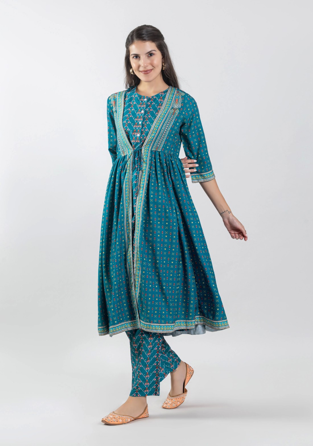 Turquoise Blue Ethnic Print Silk Straight Kurta with Pants and Flared Jacket Set