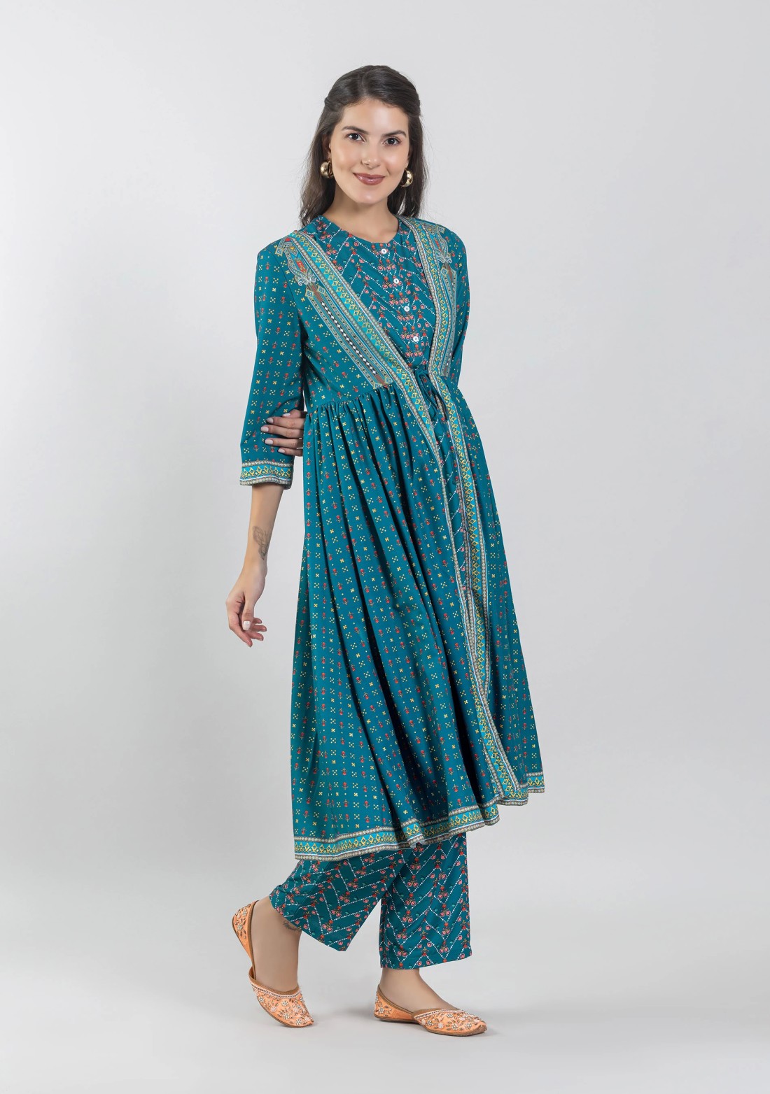 Turquoise Blue Ethnic Print Silk Straight Kurta with Pants and Flared Jacket Set