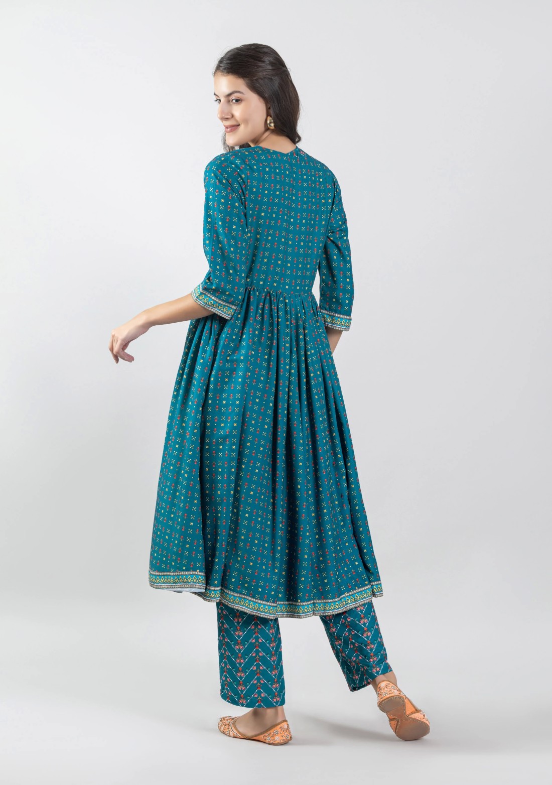 Turquoise Blue Ethnic Print Silk Straight Kurta with Pants and Flared Jacket Set