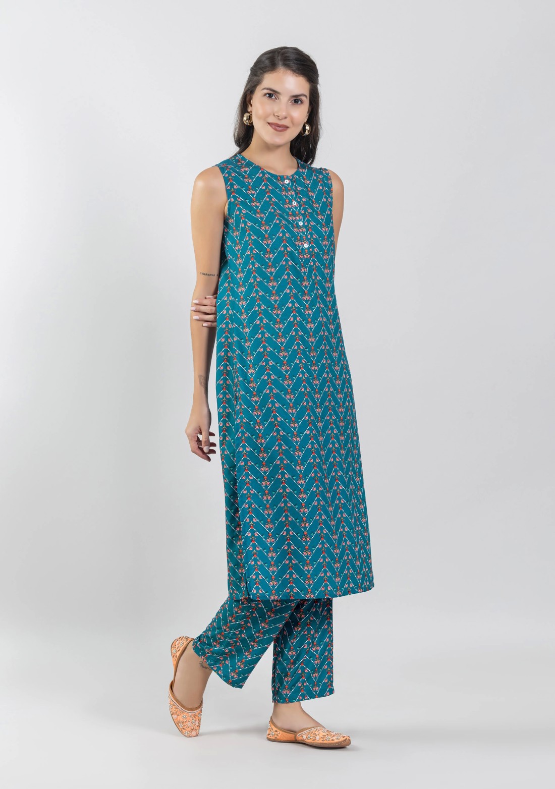 Turquoise Blue Ethnic Print Silk Straight Kurta with Pants and Flared Jacket Set