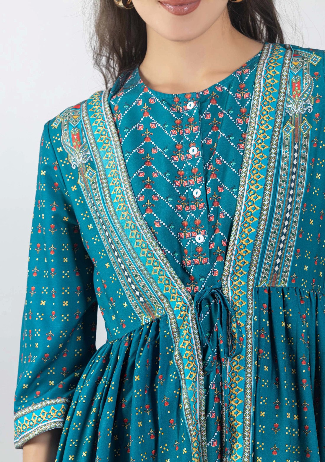 Turquoise Blue Ethnic Print Silk Straight Kurta with Pants and Flared Jacket Set