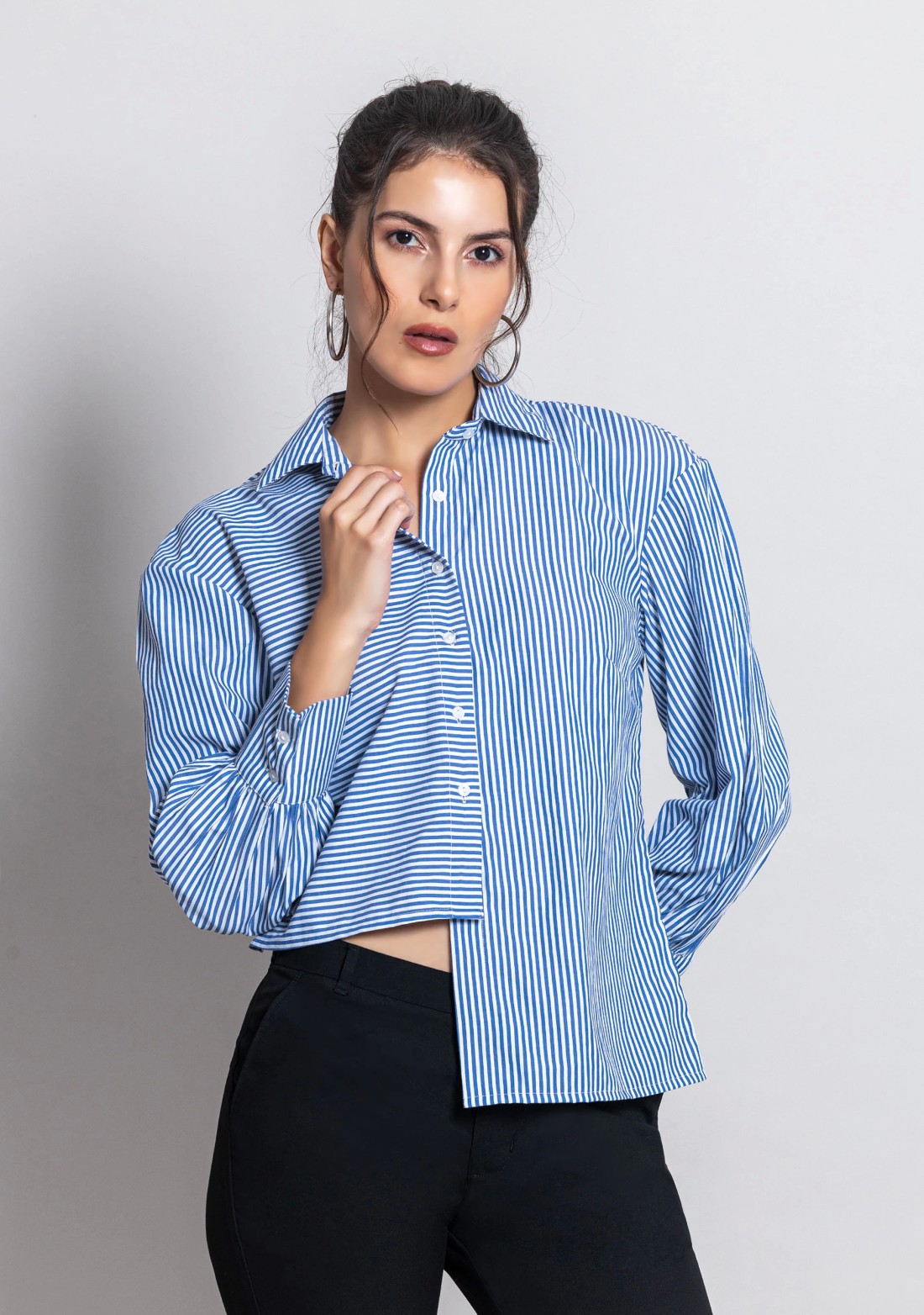 Blue and White Striped Women's Asymmetrical Cotton Shirt