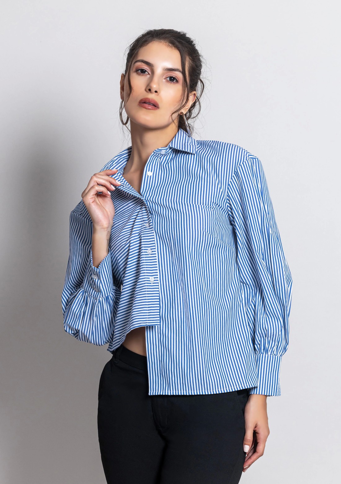 Blue and White Striped Women's Asymmetrical Cotton Shirt