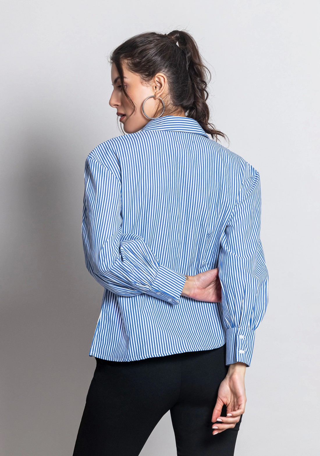 Blue and White Striped Women's Asymmetrical Cotton Shirt