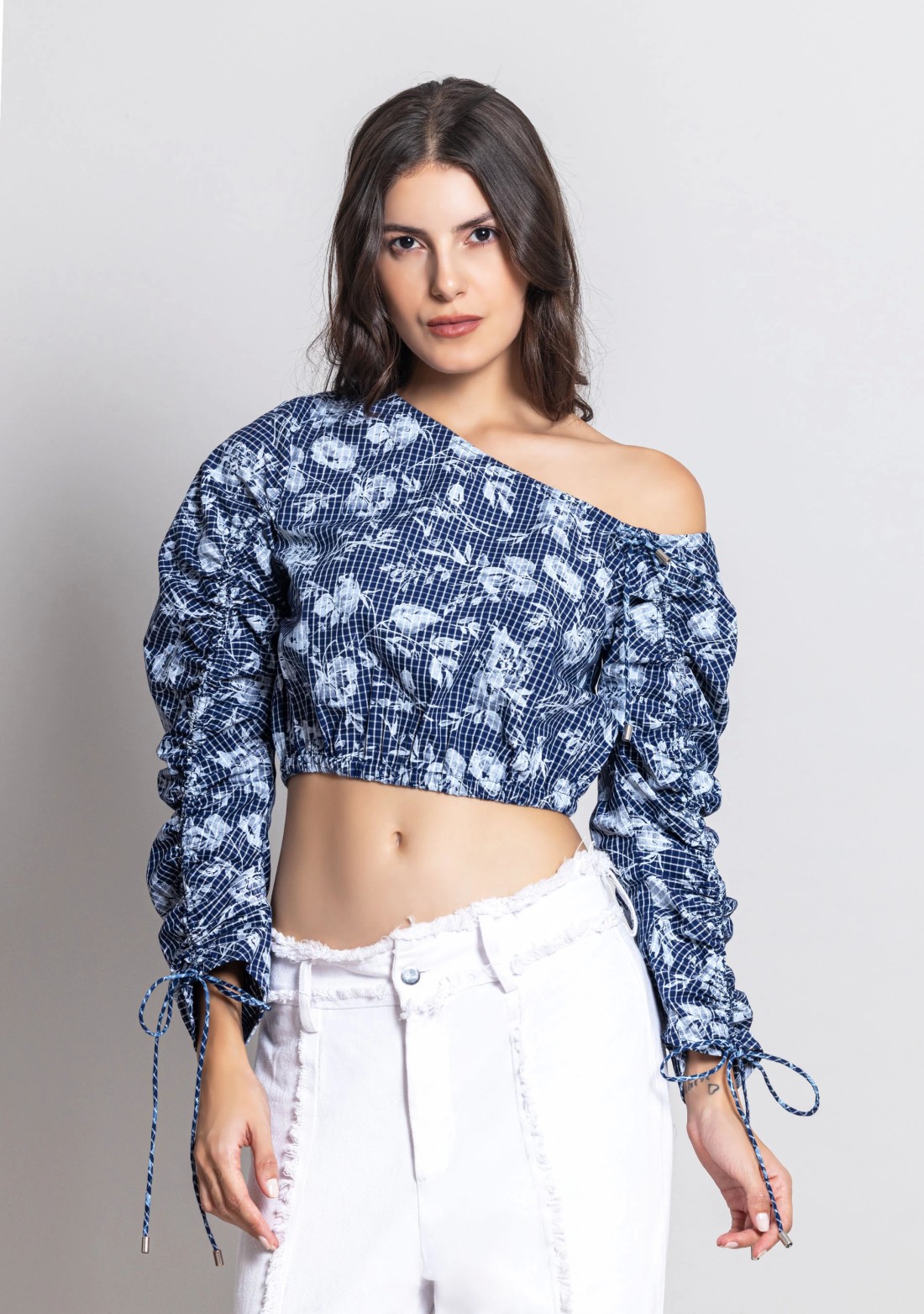 Navy and White Check Floral Print Cotton Crop Top