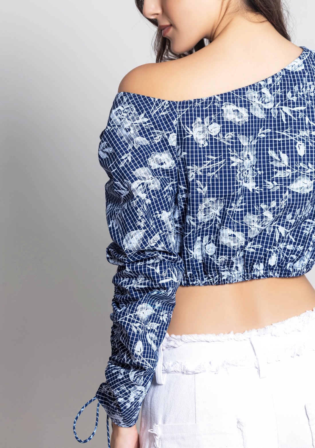 Navy and White Check Floral Print Cotton Crop Top