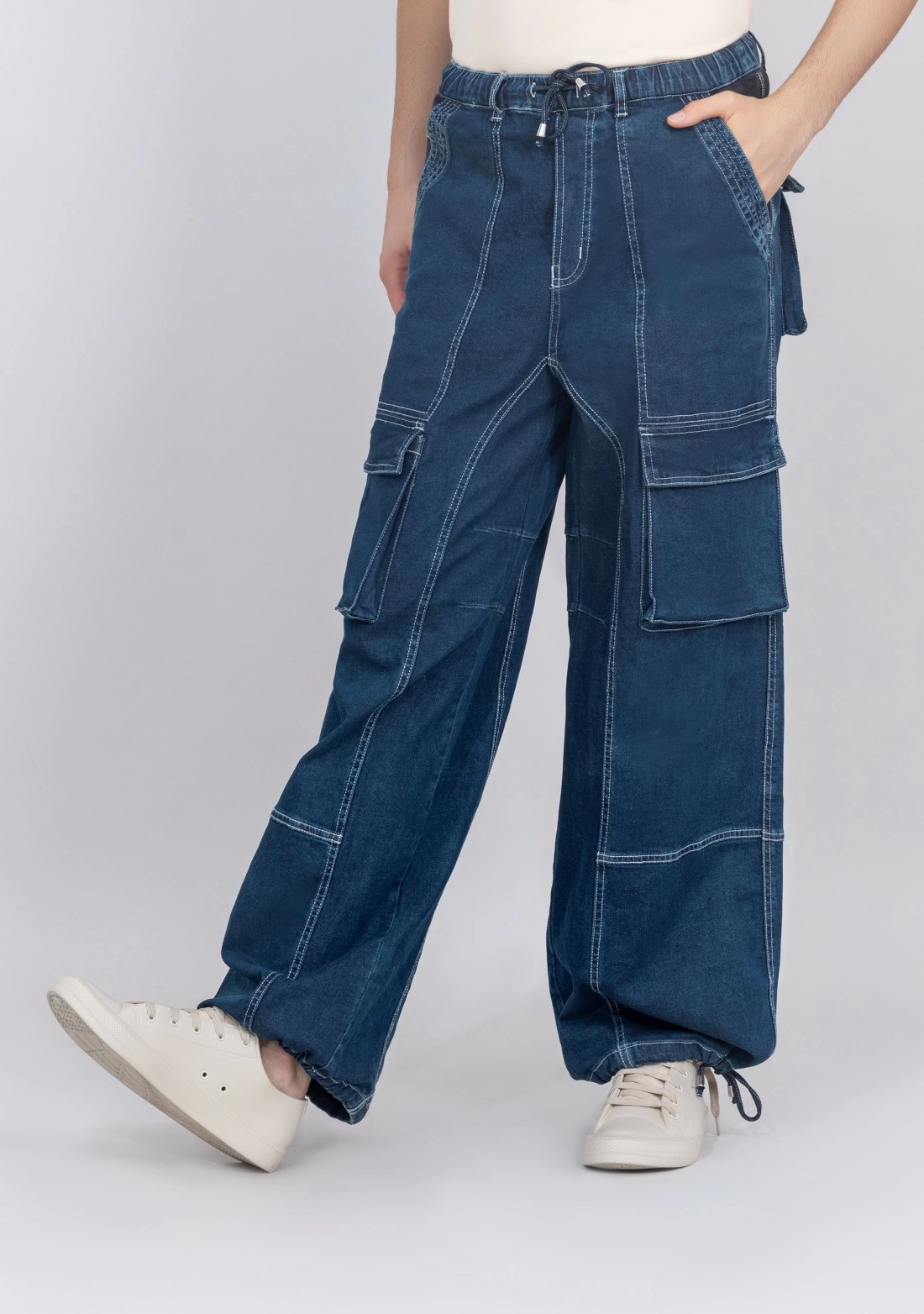 Blue Wide Leg Cargo Style Drawstring Waist Men's Jeans