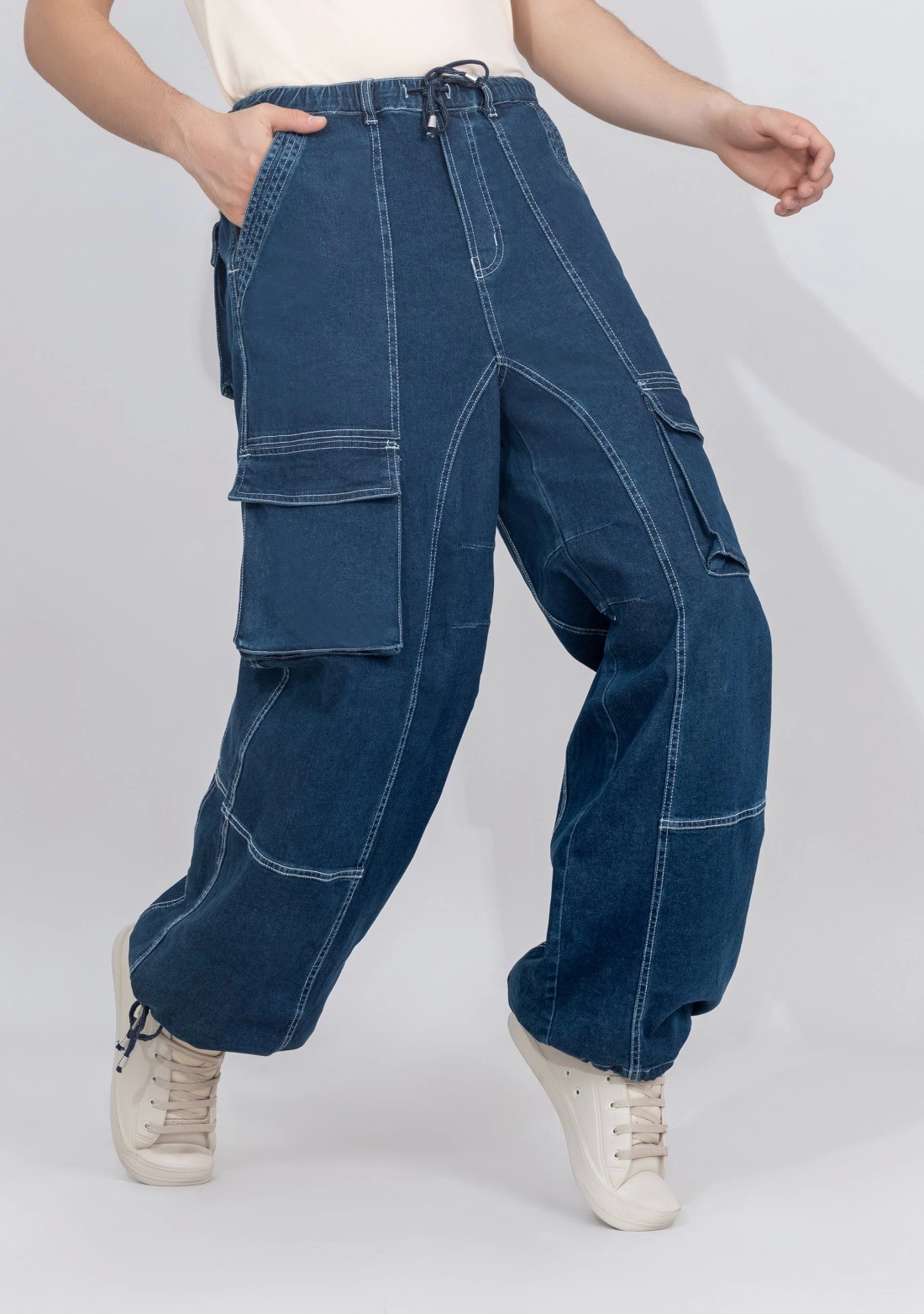 Blue Wide Leg Cargo Style Drawstring Waist Men's Jeans