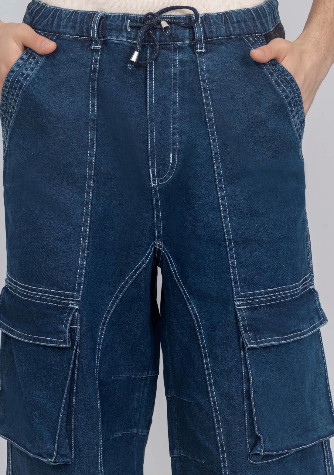 Blue Wide Leg Cargo Style Drawstring Waist Men's Jeans