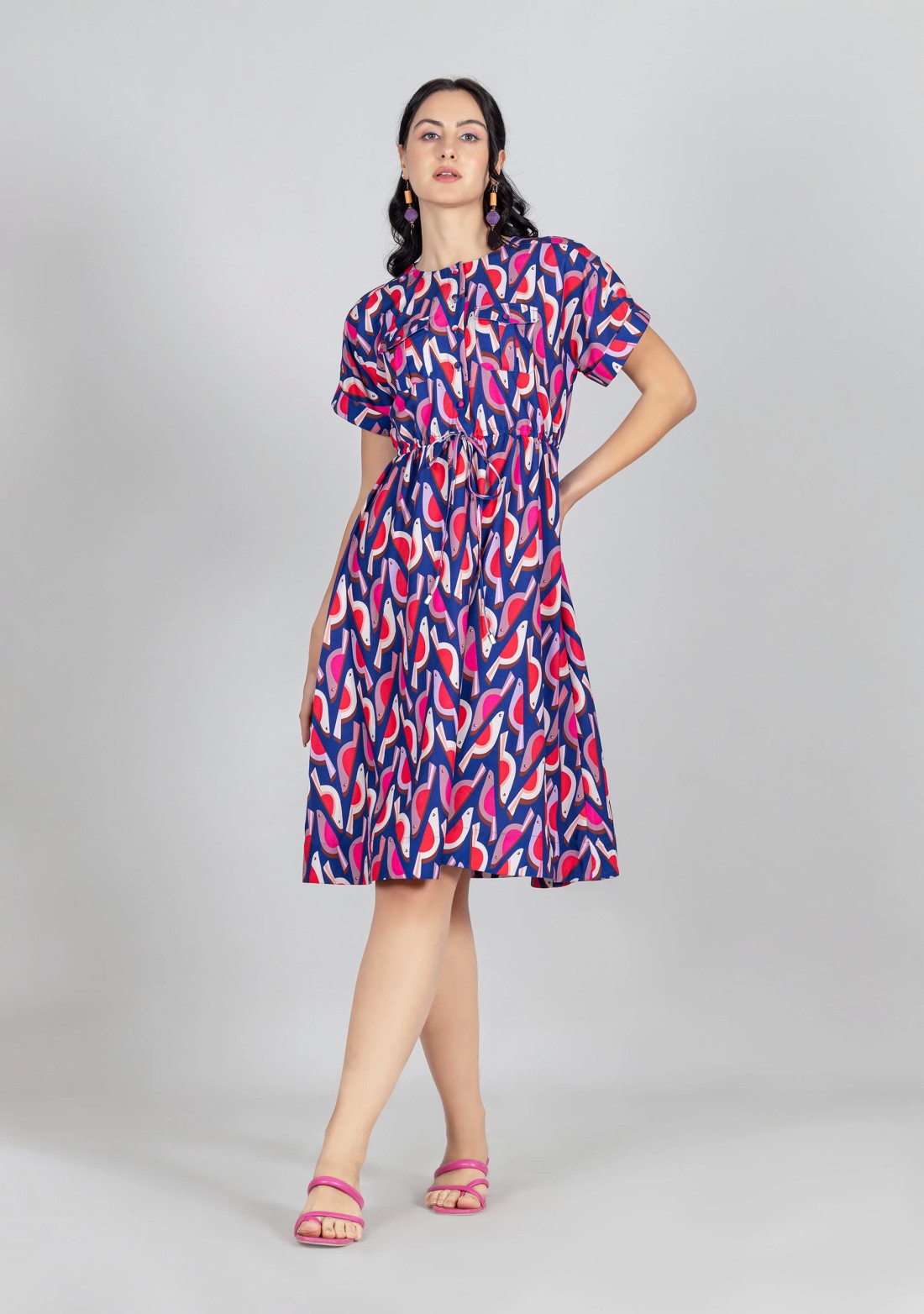 Multi Colour Geometric Print Flared Midi Dress
